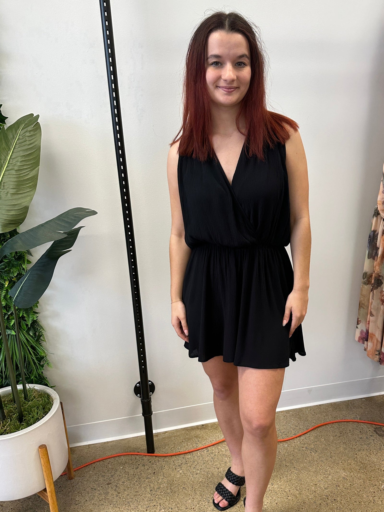 Firefly Nights - Woven crinkle elastic waist draped romper with tie open back