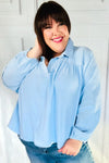 Explore More Collection - All Of Me Blue Collared Notched Neckline Cotton Top