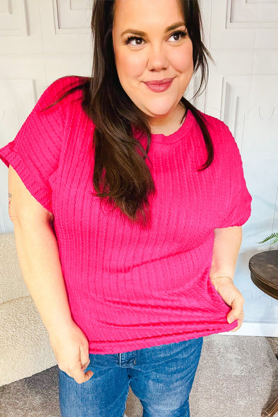 Explore More Collection - Be Your Best Fuchsia Cable Knit Dolman Short Sleeve Sweater Top