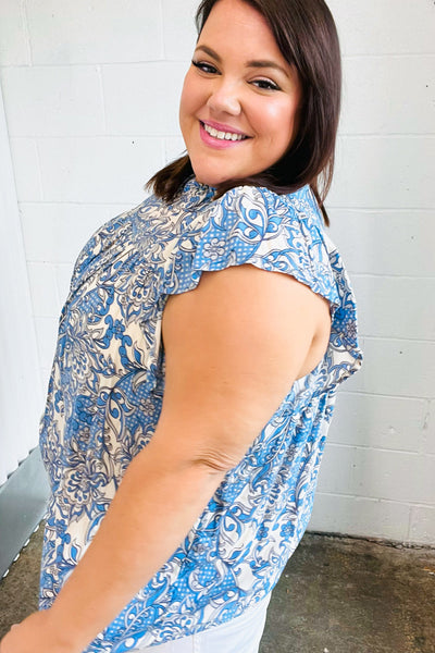 Explore More Collection - Blue & Ivory Paisley Mock Neck Flutter Sleeve Top