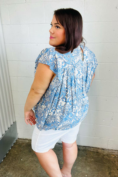 Explore More Collection - Blue & Ivory Paisley Mock Neck Flutter Sleeve Top