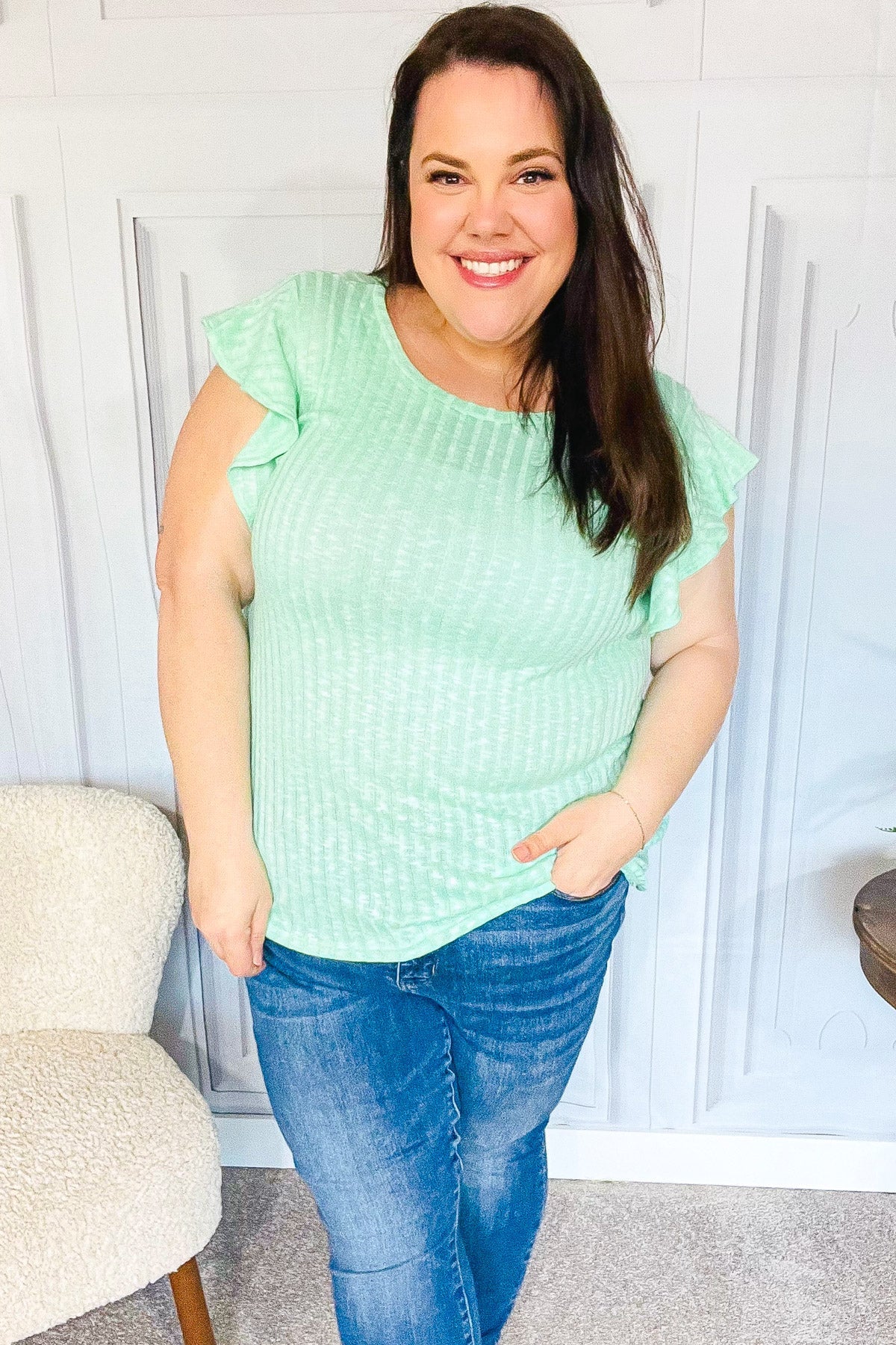 Explore More Collection - Hello Beautiful Mint Two-Tone Wide Rib Ruffle Sleeve Top