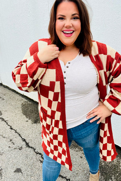 Explore More Collection - Can't Help But Love Rust Checkered Open Cardigan