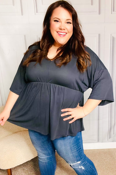 Explore More Collection - Easy To Love Charcoal Babydoll Dolman Modal V Neck Top