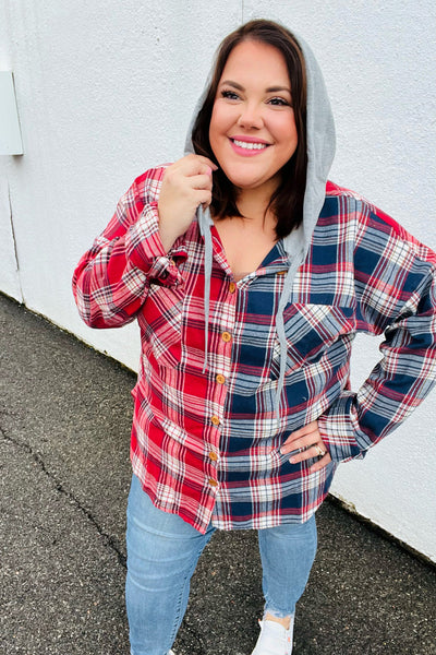 Explore More Collection - Face the Day Red/Navy Plaid Color Block Hoodie Shacket