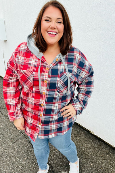 Explore More Collection - Face the Day Red/Navy Plaid Color Block Hoodie Shacket
