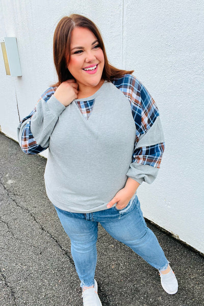 Explore More Collection - Face The Day Grey/Navy Plaid Thermal Raglan Pullover