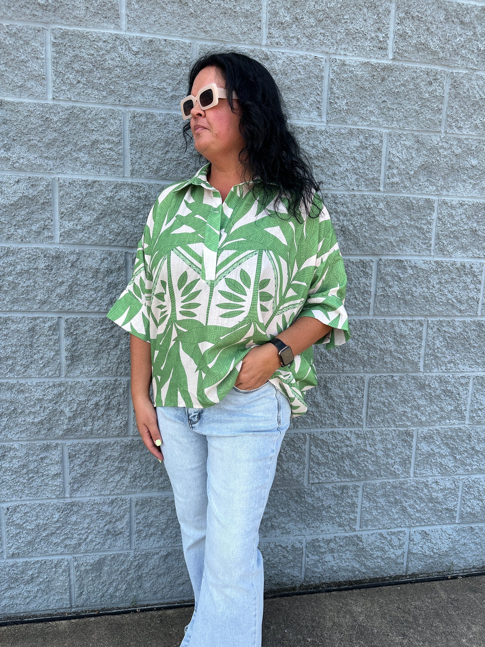Breezy - A Tropical Print Button Up Popover Top