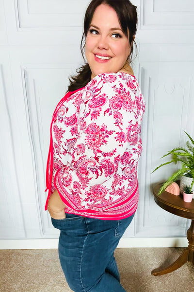 Explore More Collection - Make A Statement Fuchsia Paisley Boho Front Tie Top