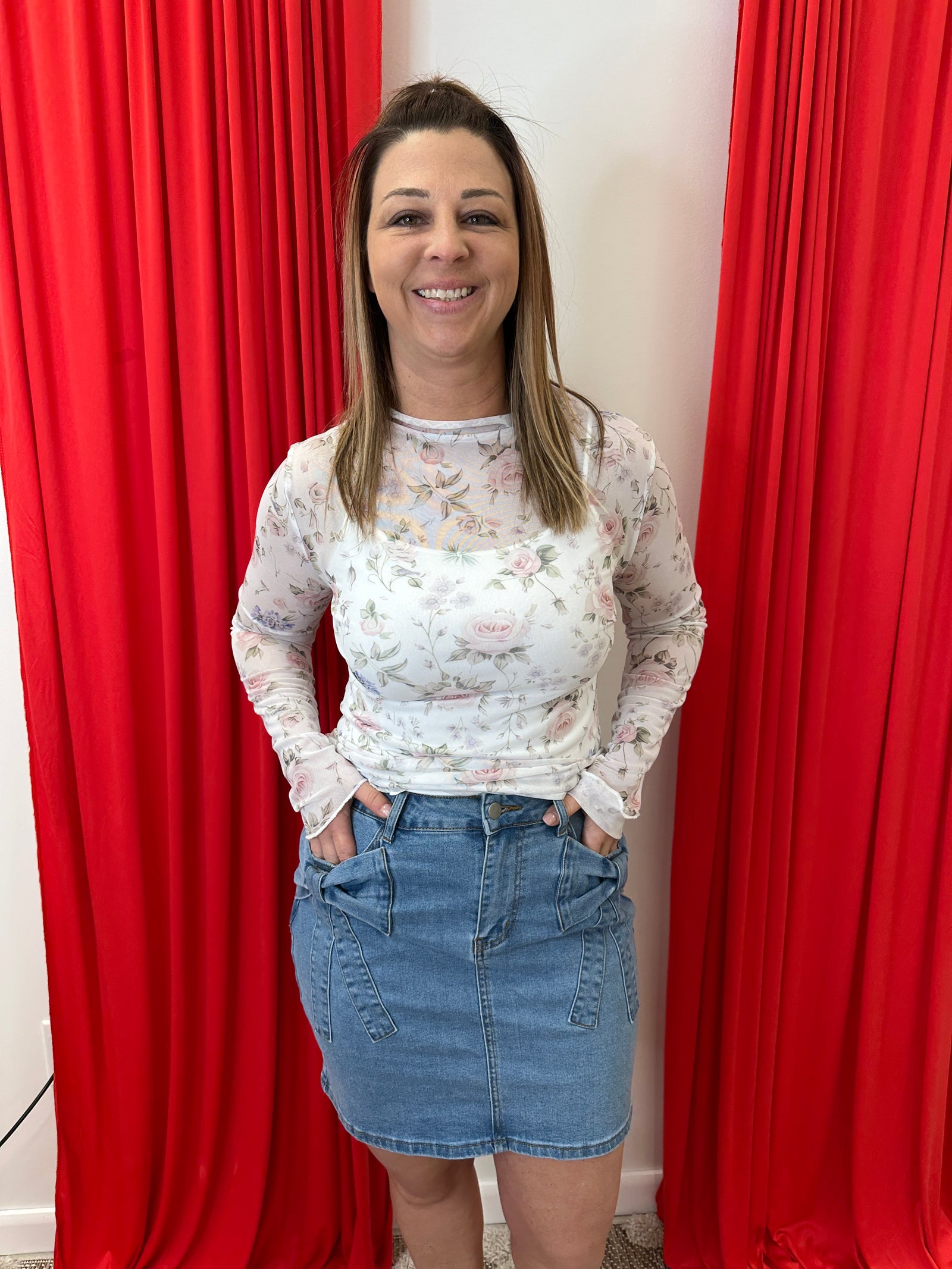 Denise - A High Neck Long Sleeve Floral Print Mesh Semi Sheer Top with Frilled Merrow Top