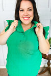 Explore More Collection - Kelly Green Textured Ruffle Mock Neck Button Down Top