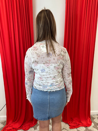 Denise - A High Neck Long Sleeve Floral Print Mesh Semi Sheer Top with Frilled Merrow Top