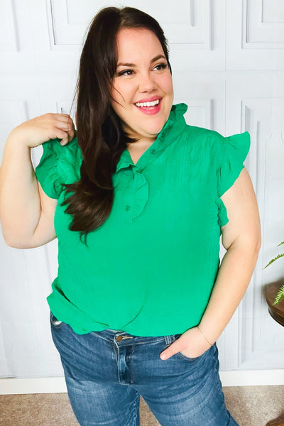 Explore More Collection - Kelly Green Textured Ruffle Mock Neck Button Down Top