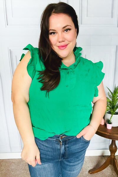 Explore More Collection - Kelly Green Textured Ruffle Mock Neck Button Down Top