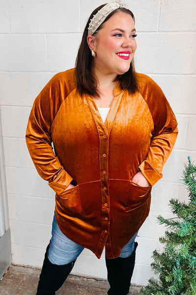 Explore More Collection - Dazzling Rust Velvet Button Down Tunic Top
