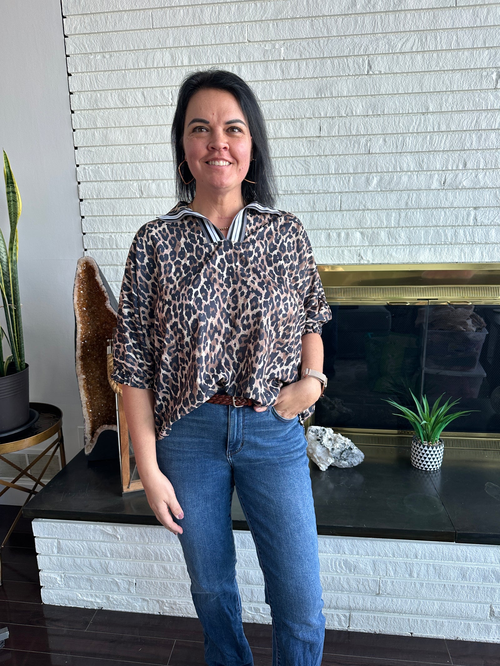 Phyllis - A Notch Neck Leopard Print Dolman Top