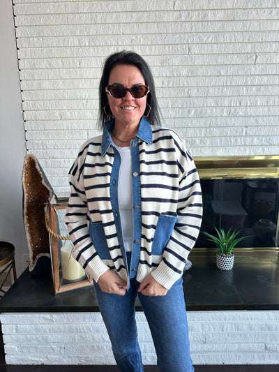 Quinn - A Colorblocked Collared Button Down Stripe Sweater