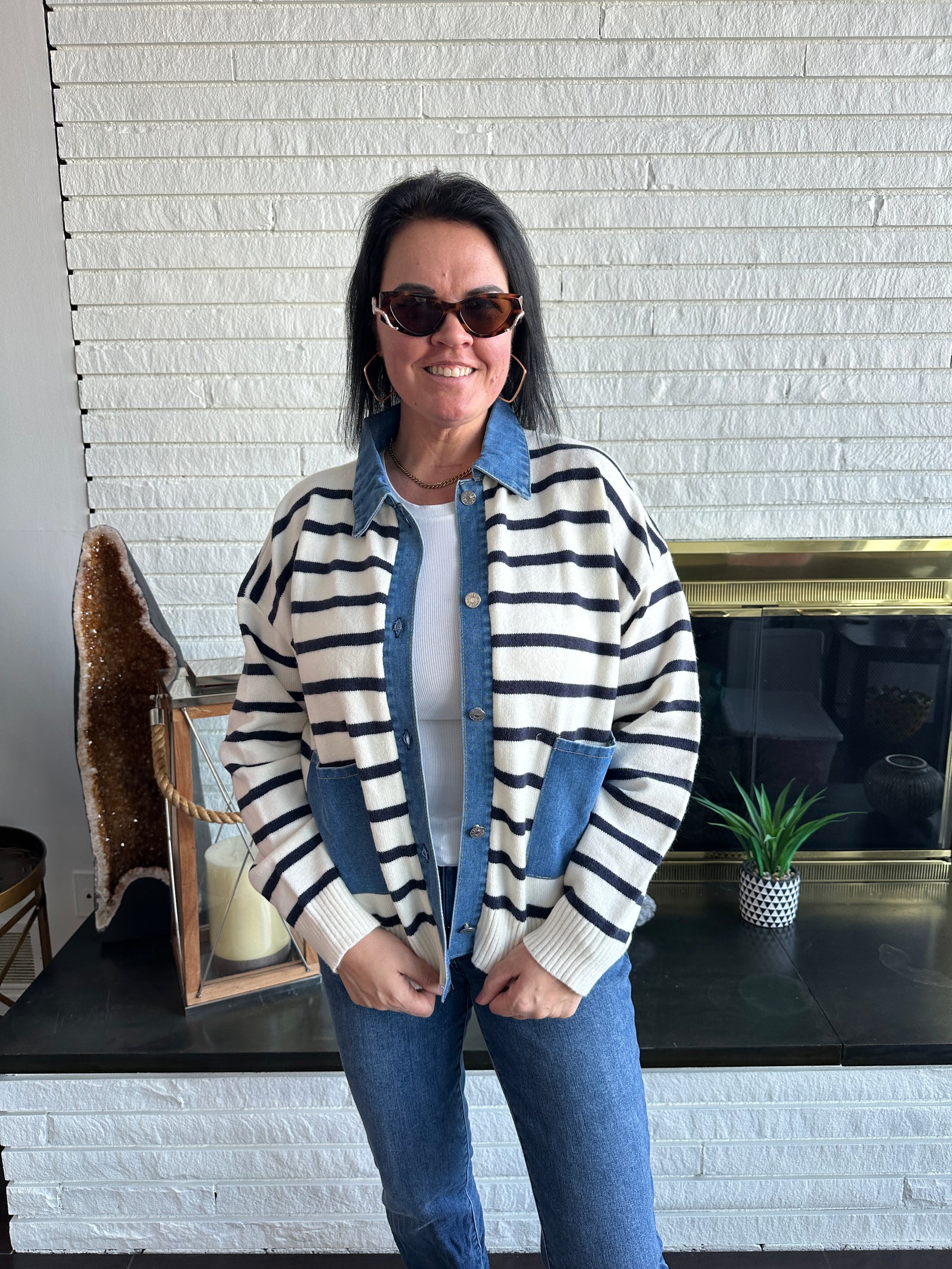 Quinn - A Colorblocked Collared Button Down Stripe Sweater