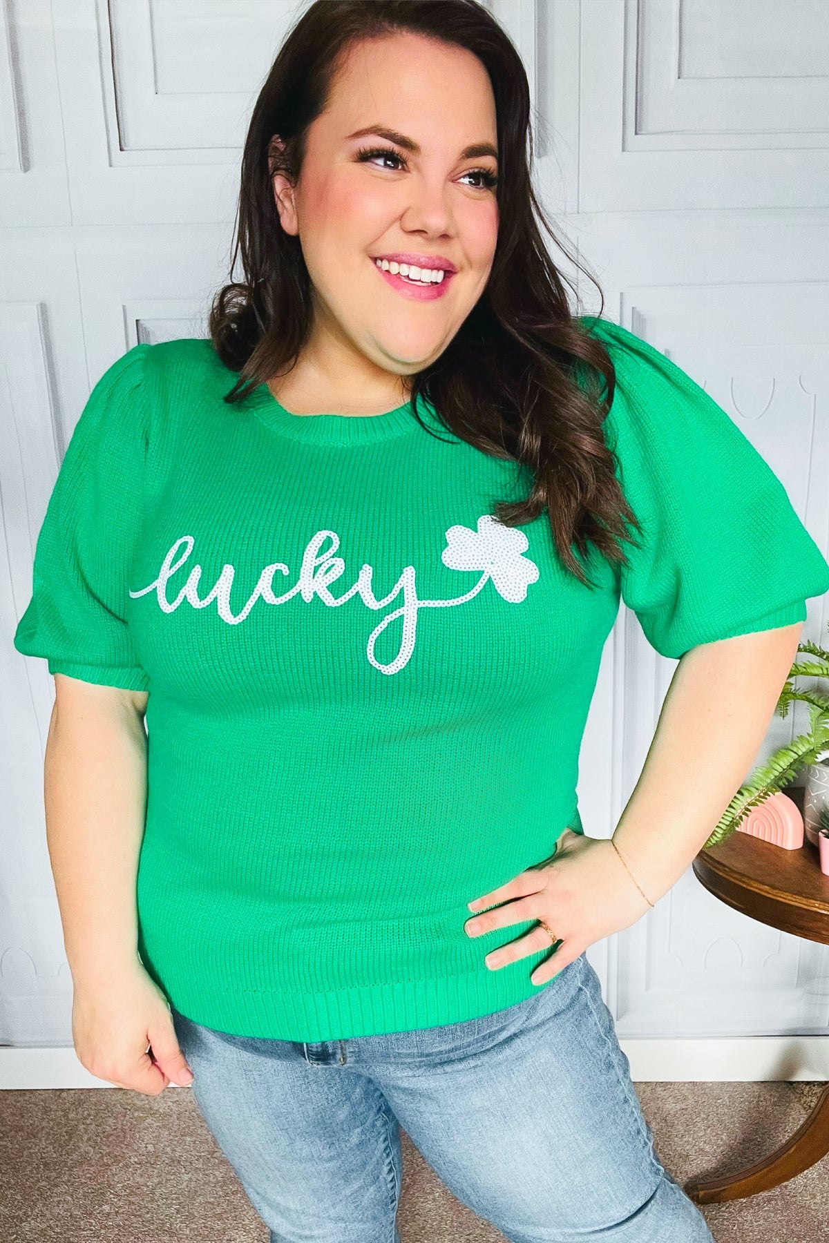 Explore More Collection - Lucky Lady Shamrock Green Sequin Puff Sleeve Knit Top