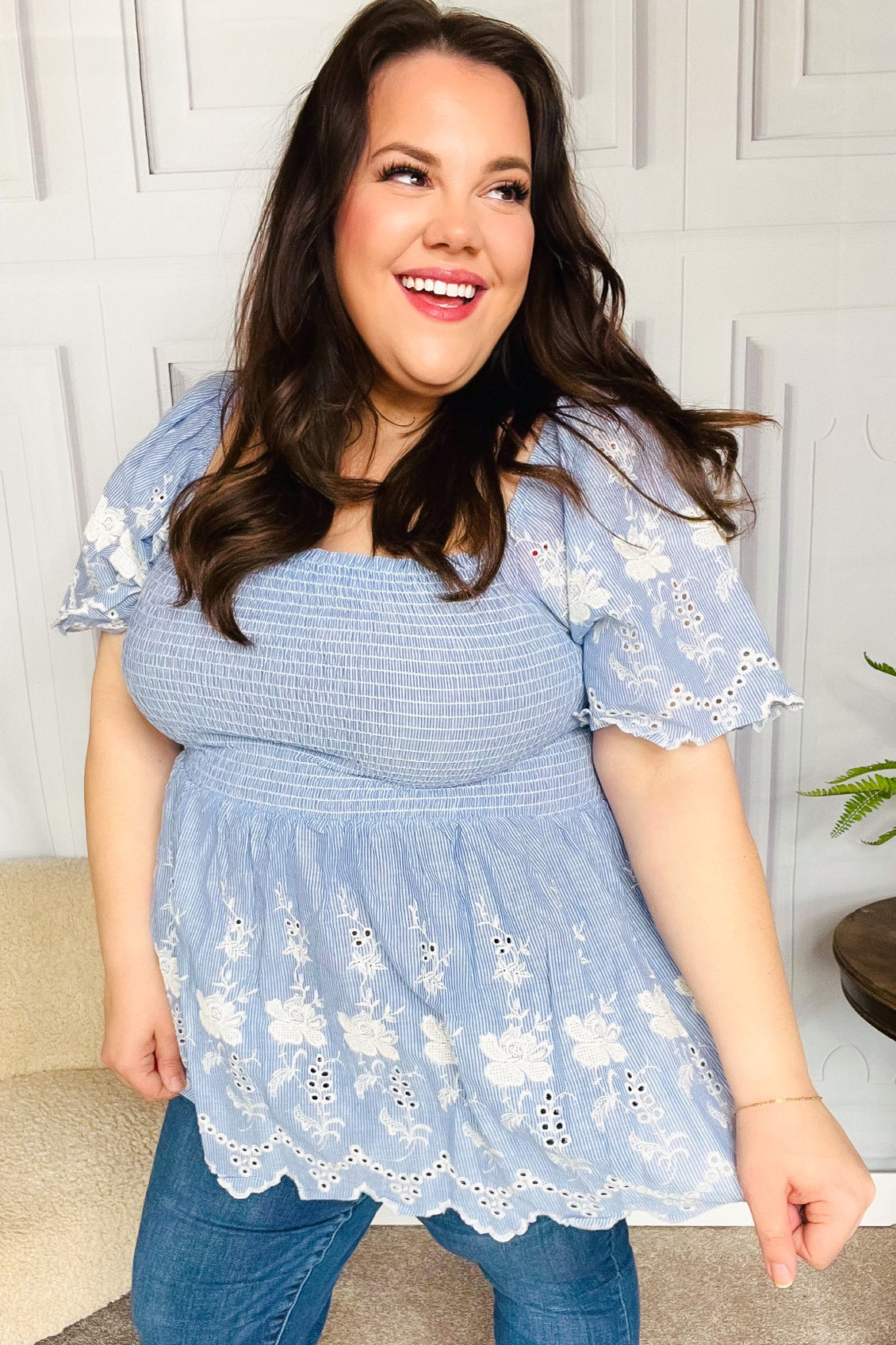 Explore More Collection - Just A Dream Blue Smocked Floral Embroidered Babydoll Top