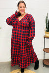 Explore More Collection - All I Want Red Plaid Elastic V Neck Tiered Maxi Dress