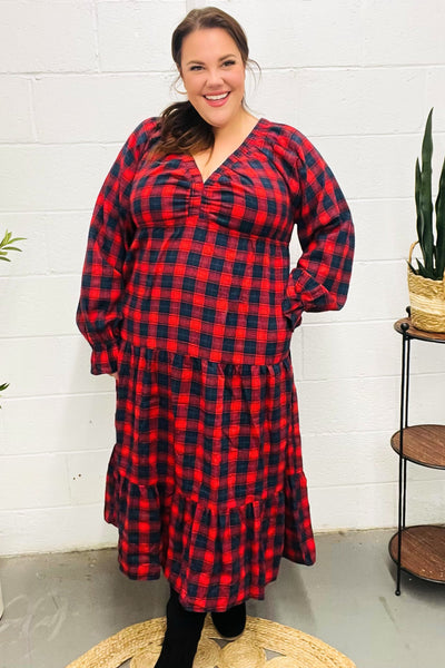 Explore More Collection - All I Want Red Plaid Elastic V Neck Tiered Maxi Dress