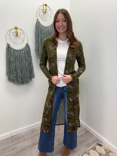 Vera - A Long Floral Print Hacci Open Duster with Side Slits