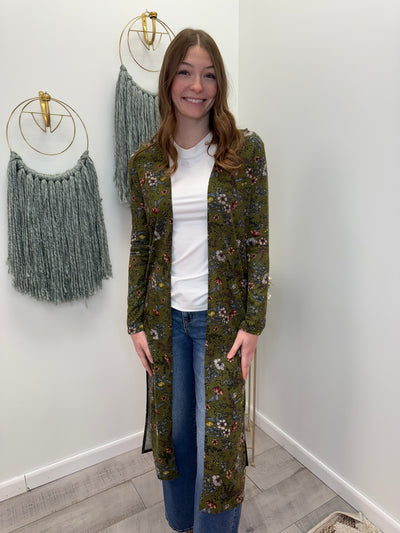 Vera - A Long Floral Print Hacci Open Duster with Side Slits