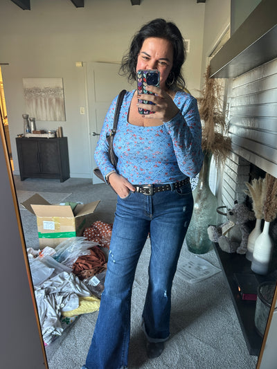 Floral Print Square Neck Long Sleeve Top