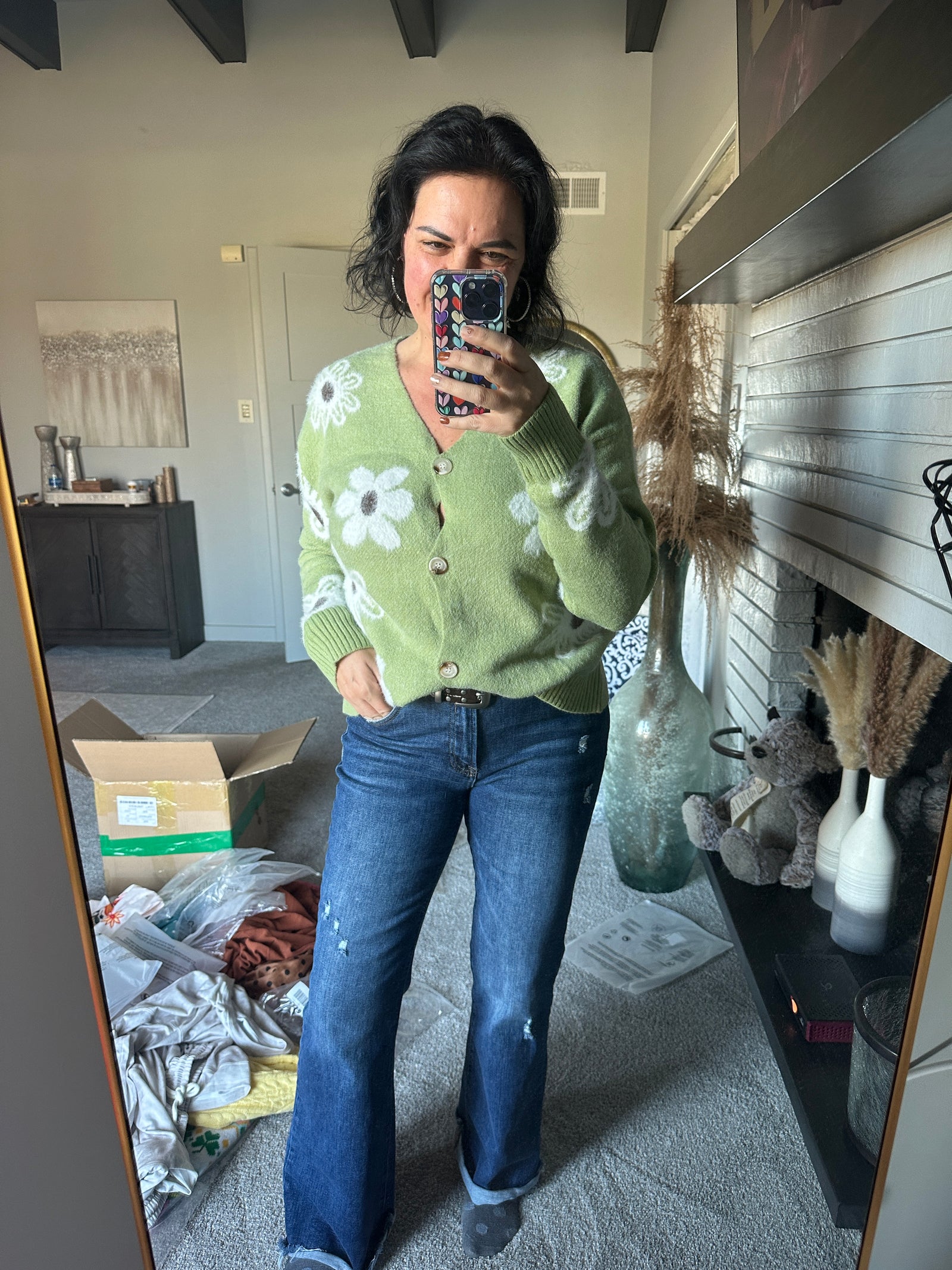 Floral Print Button-Up Knit Cardigan