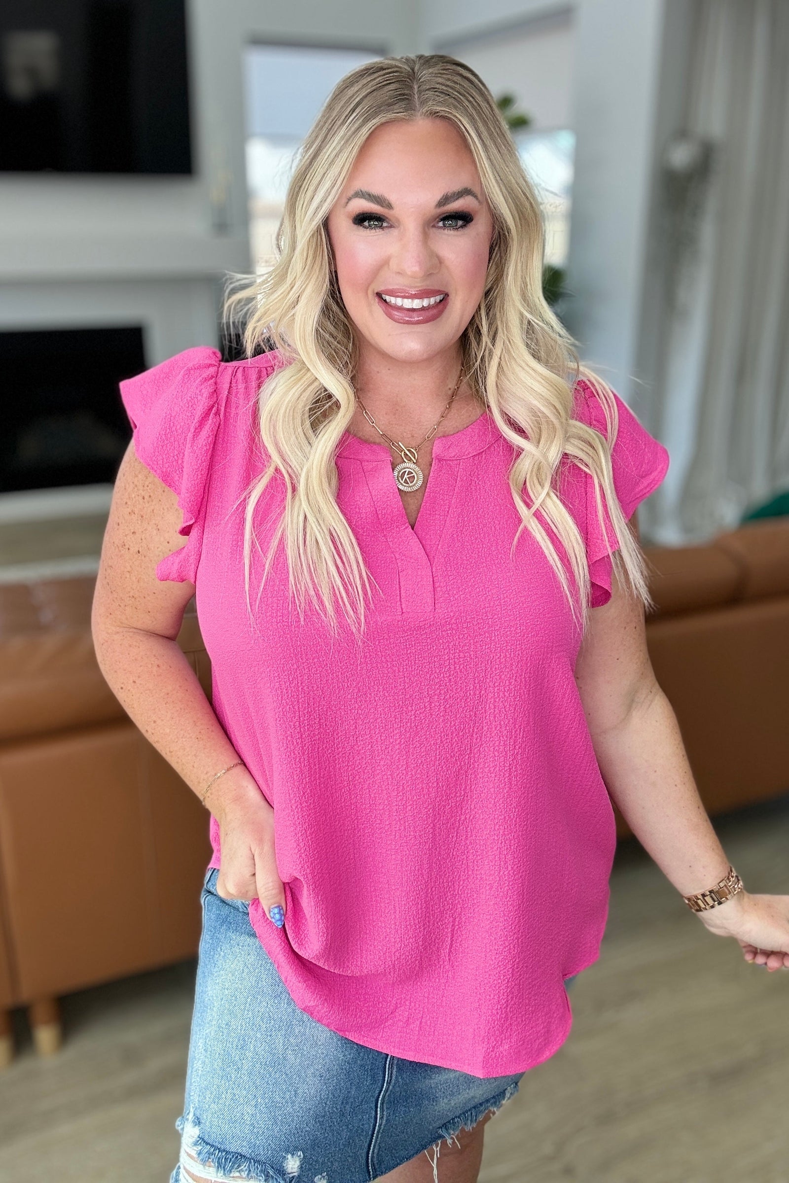 Explore More Collection - Crinkle Split Neckline Flutter Sleeve Top in Hot Pink