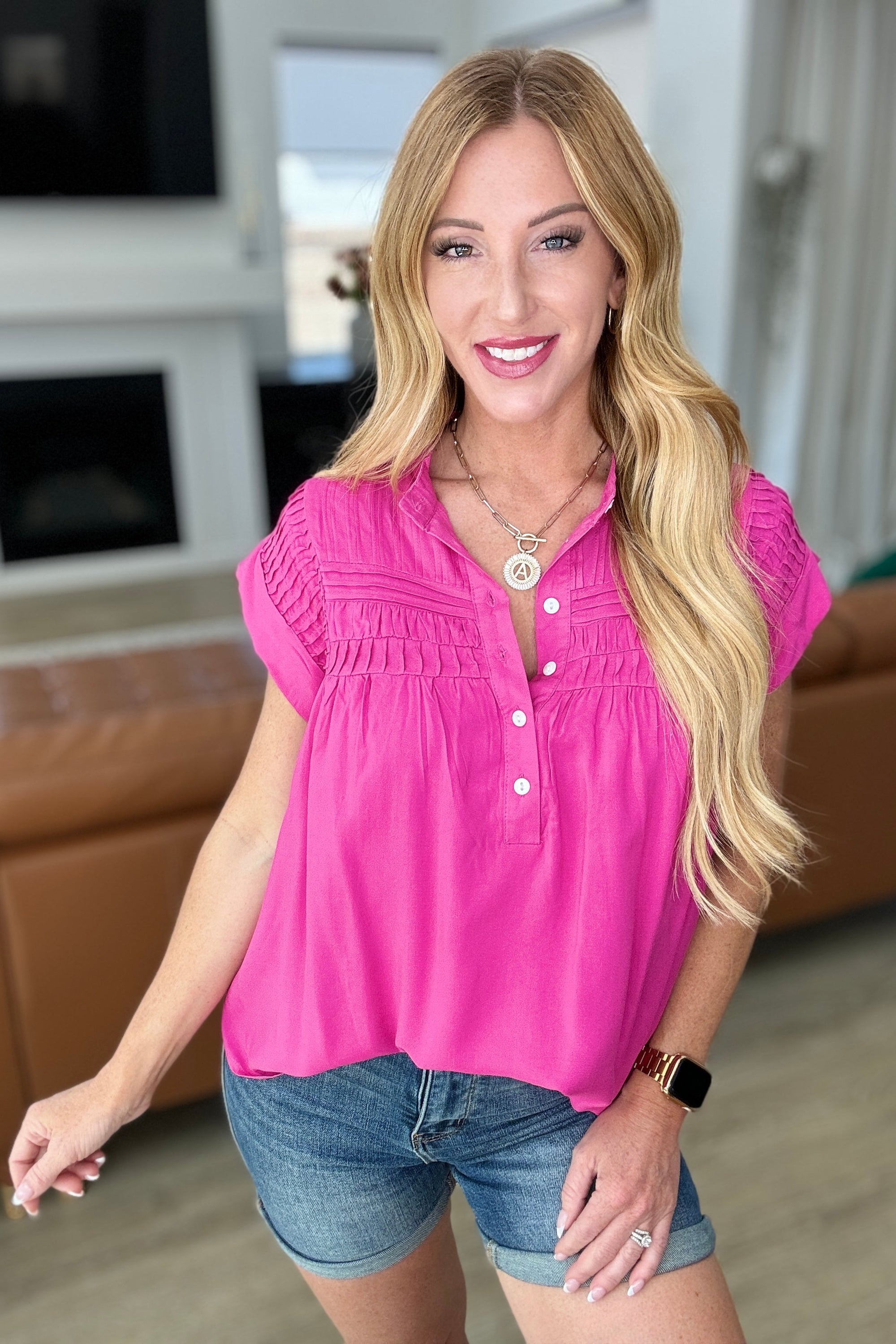 Explore More Collection - Pleat Detail Button Up Blouse in Hot Pink