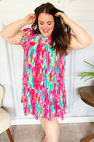 Explore More Collection - Feeling Bold Multicolor Abstract Print Tiered Ruffle Sleeve Dress