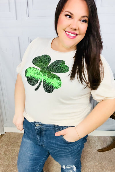 Explore More Collection - Saint Patty Sequin Clover French Terry Puff Sleeve Top