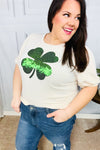 Explore More Collection - Saint Patty Sequin Clover French Terry Puff Sleeve Top