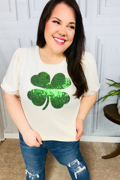 Explore More Collection - Saint Patty Sequin Clover French Terry Puff Sleeve Top