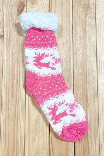 Explore More Collection - Hot Pink Reindeer Sherpa Traction Bottom Slipper Socks