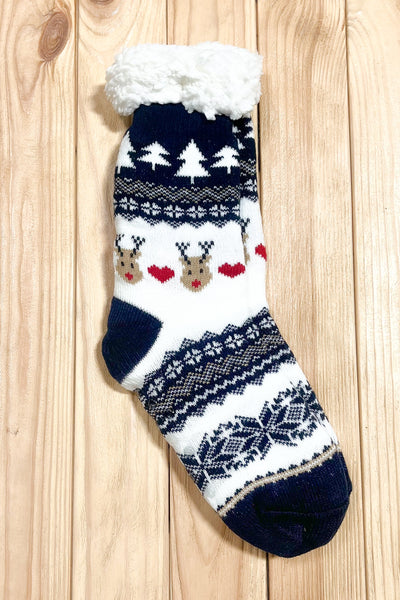 Explore More Collection - Navy Heart Reindeer Sherpa Traction Bottom Slipper Socks