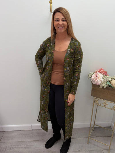 Vera - A Long Floral Print Hacci Open Duster with Side Slits