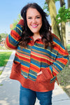 Explore More Collection - Rust & Teal Striped Two Tone Knit Pocketed Top