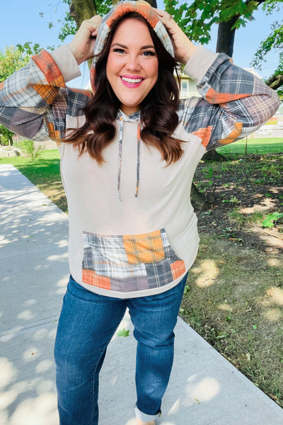 Explore More Collection - Orange & Taupe Plaid Terry Kangaroo Pocket Hoodie