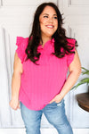 Explore More Collection - Hot Pink Textured Ruffle Mock Neck Button Down Top