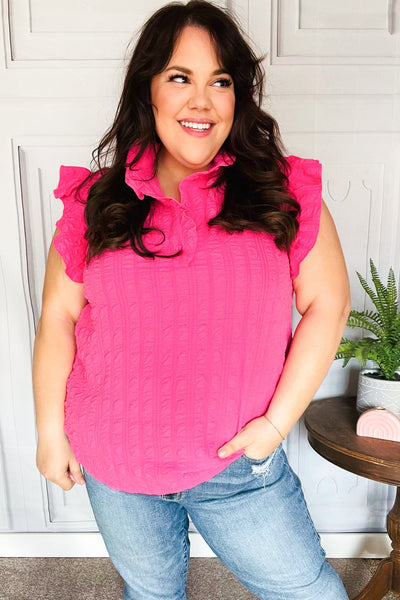 Explore More Collection - Hot Pink Textured Ruffle Mock Neck Button Down Top