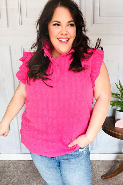 Explore More Collection - Hot Pink Textured Ruffle Mock Neck Button Down Top