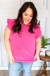 Explore More Collection - Hot Pink Textured Ruffle Mock Neck Button Down Top