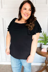 Explore More Collection - Black Double Ruffle Sleeve Square Neck Ribbed Top