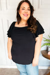 Explore More Collection - Black Double Ruffle Sleeve Square Neck Ribbed Top