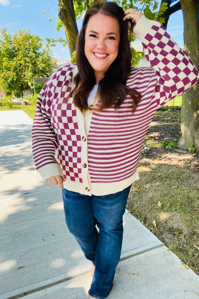 Explore More Collection - Cozy Days Magenta Checkered & Striped Button-Down Cardigan