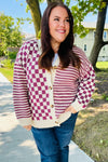 Explore More Collection - Cozy Days Magenta Checkered & Striped Button-Down Cardigan