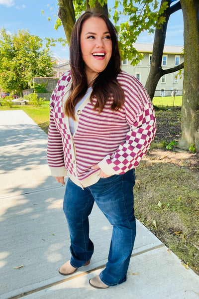 Explore More Collection - Cozy Days Magenta Checkered & Striped Button-Down Cardigan